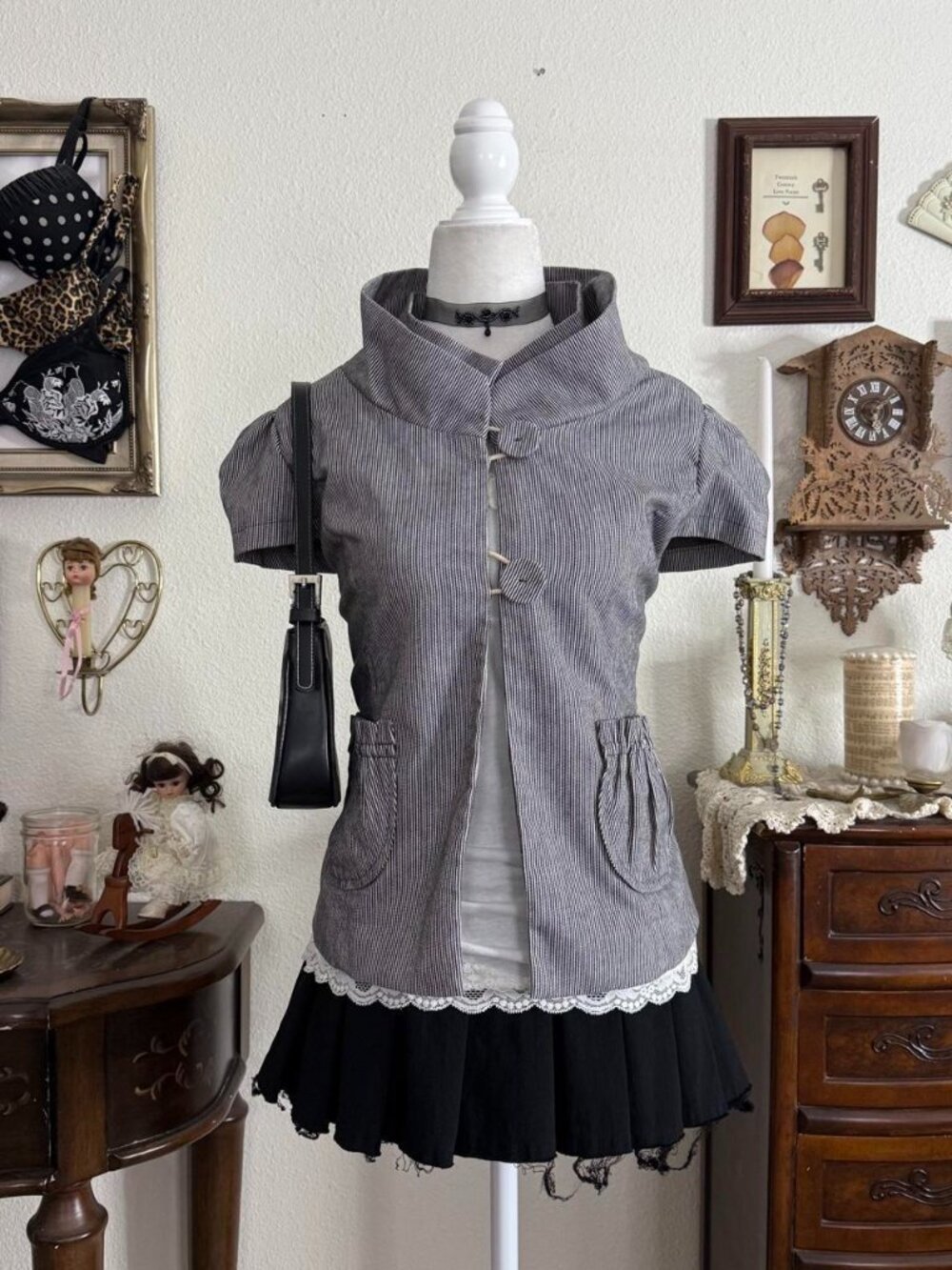 Y2k preppy twee girly grunge striped high neck cap sleeve jacket w pockets